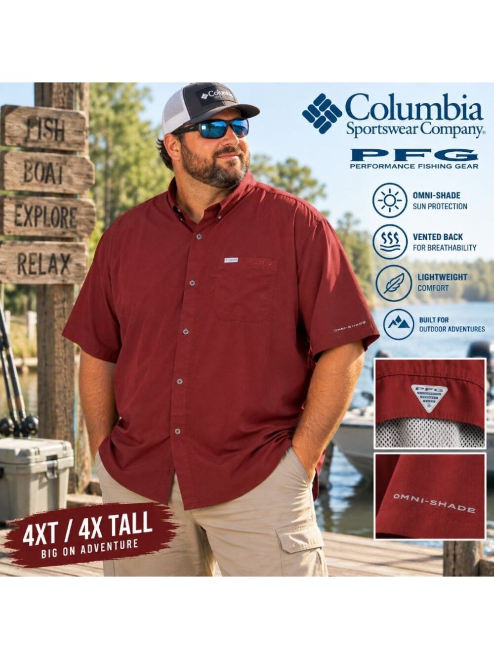 Columbia PFG Shirt Mens 4XT Red Omni Shade Fishing Vented Short Sleeve 4X Tall